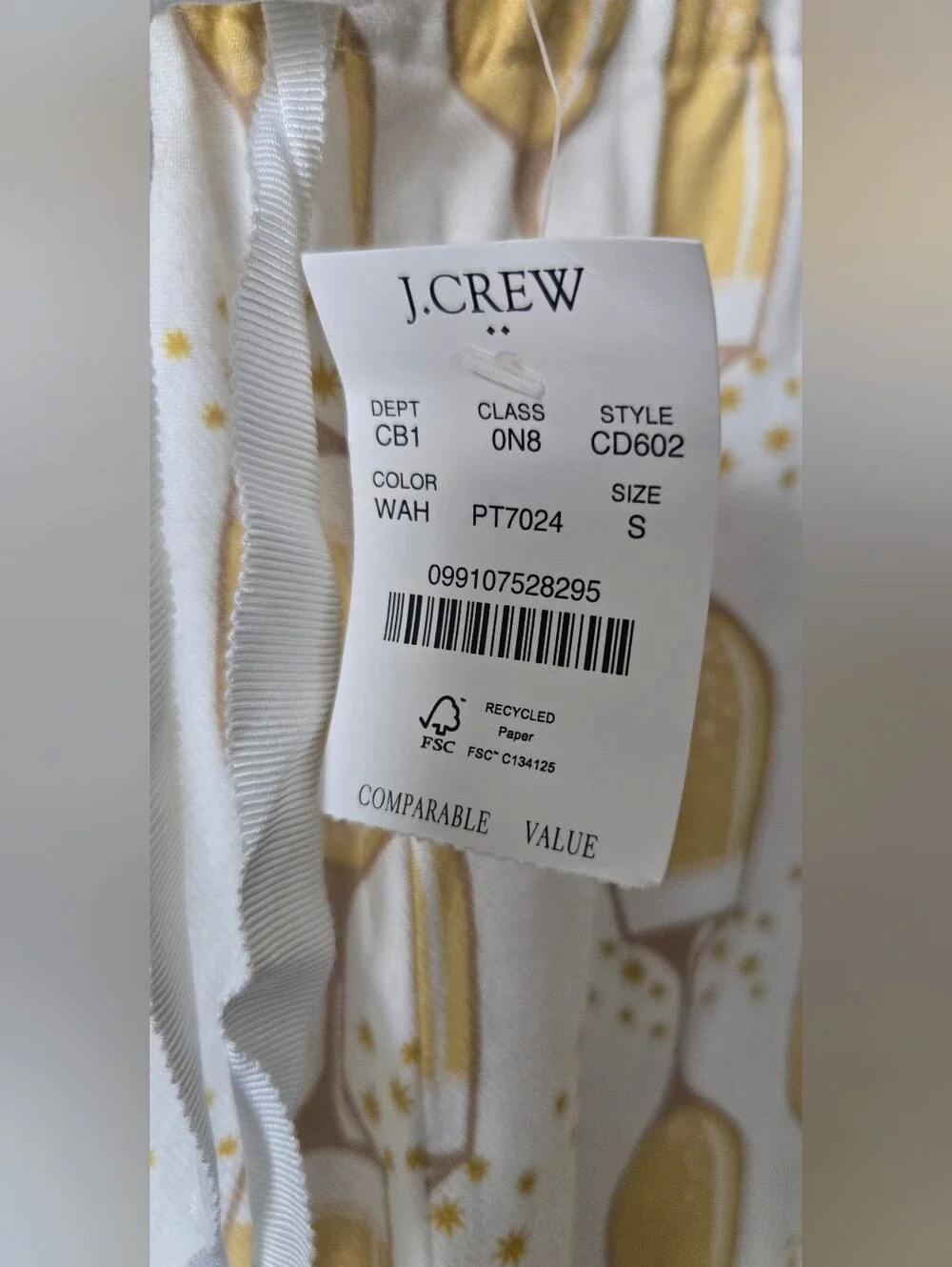 NWT J.Crew Women's Small Cotton Pajama Pants Champagne Glass Print Yellow White